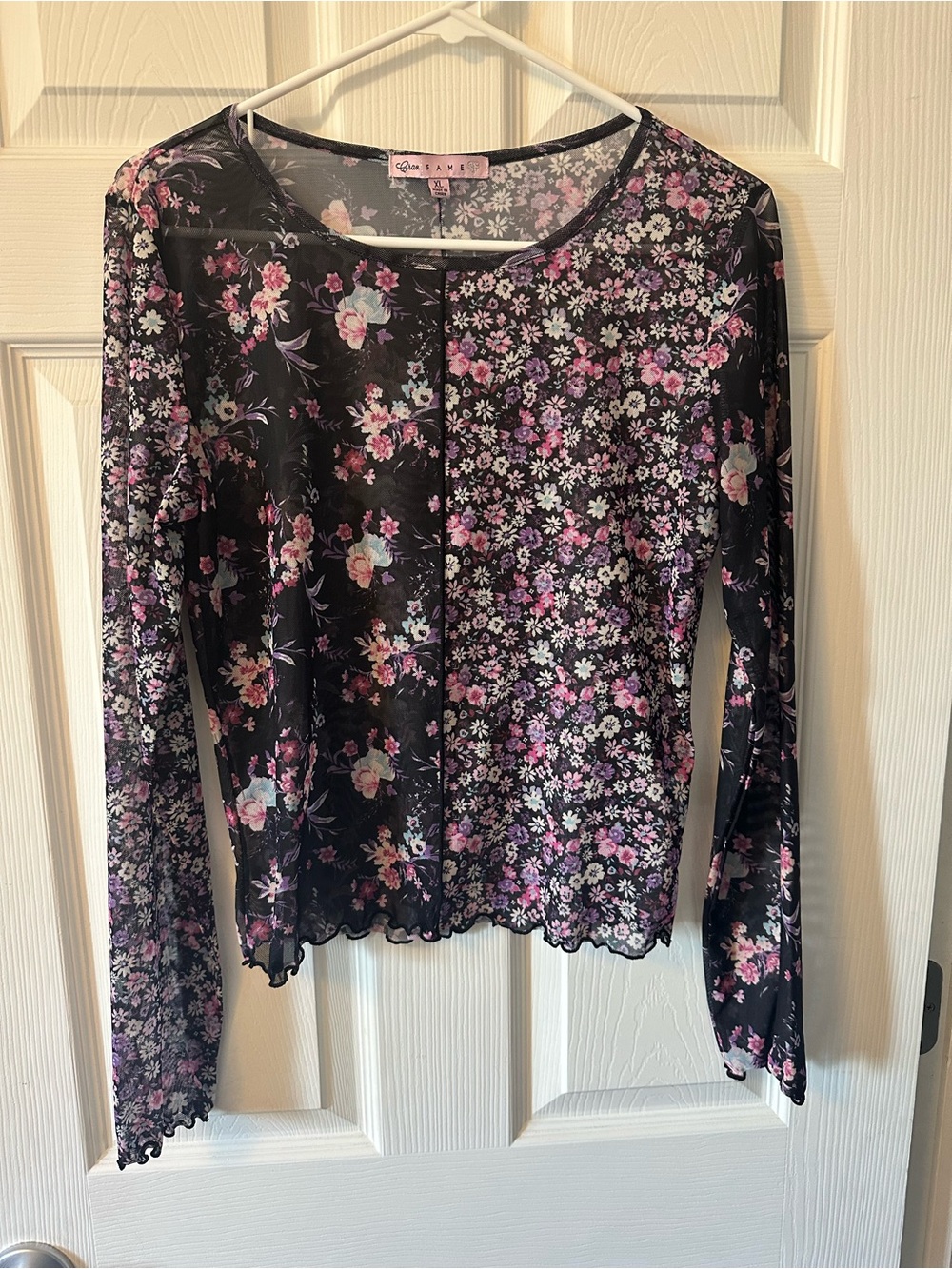 Crave Fame Black Floral Mesh Long-Sleeve Top with Pink Accents